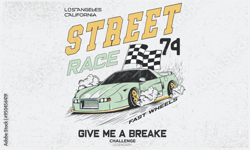 Sport car print design for t shirt print, poster, sticker, background and other uses. Fast wheels challenge. California street race design. Road speed graphic print. Extreme racing. 