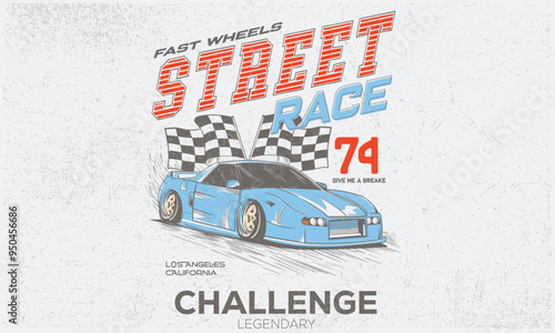 Sport car print design for t shirt print, poster, sticker, background and other uses. Fast wheels challenge.