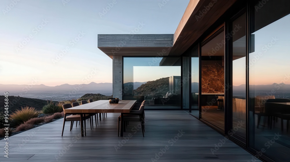 Elegant outdoor dining area with modern furniture, beautiful mountain views, and a luxurious exterior featuring glass elements and natural surroundings at sunset.