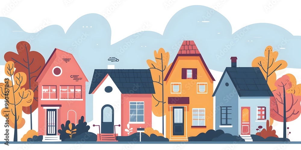 Fototapeta premium Cute Cartoon Style Illustration of Row Houses with Trees and a Cloudy Sky