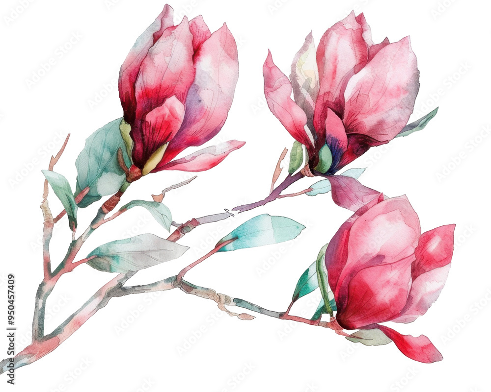 Fototapeta premium A watercolor illustration of magnolia flowers on a branch, showcasing delicate beauty.