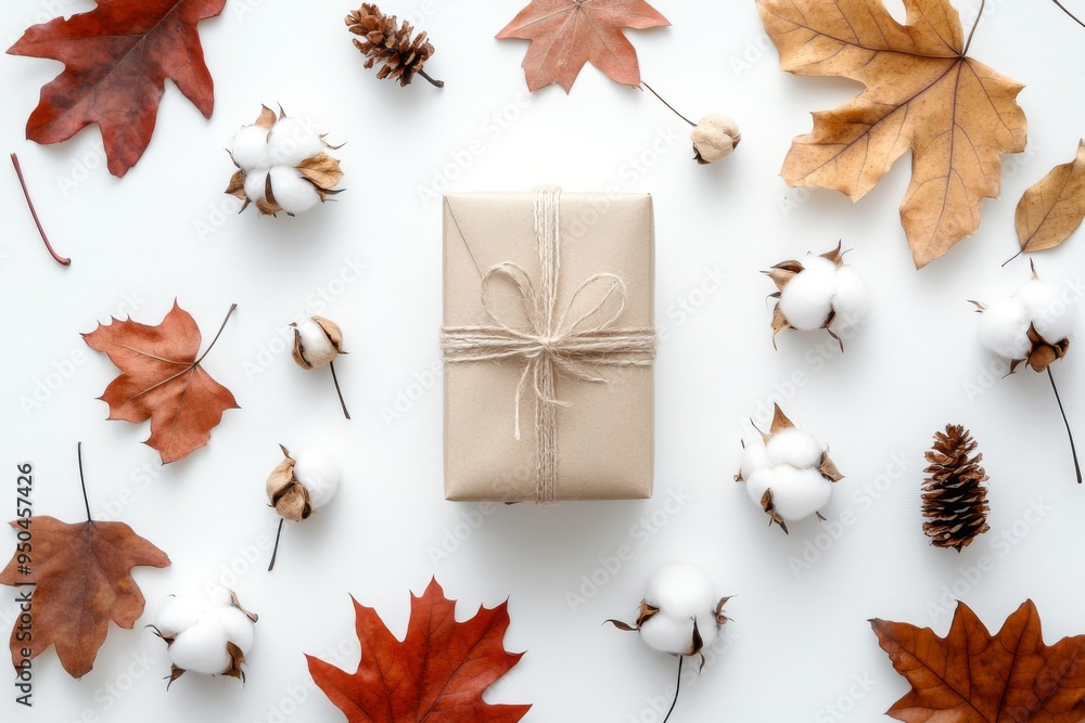 Fototapeta premium autumn or winter composition. gift, dried autumn leaves, cotton flowers on white background. flat lay, top view