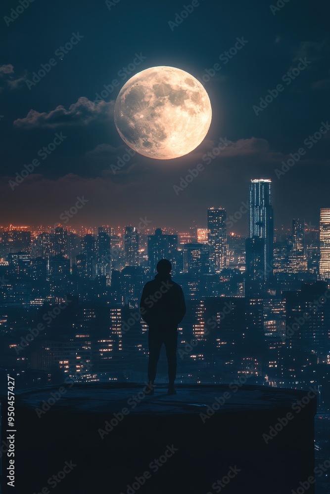Silhouetted Figure Gazing at the Majestic Full Moon Over the Glittering Cityscape Silhouetted Figure Gazing at the Majestic Full Moon Over the Glittering Cityscape