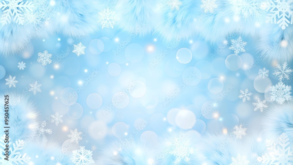 Fluffy White Fur and Snowflakes on a Soft Blue Background with Copy Space Fluffy White Fur and Snowflakes on a Soft Blue Background with Copy Space
