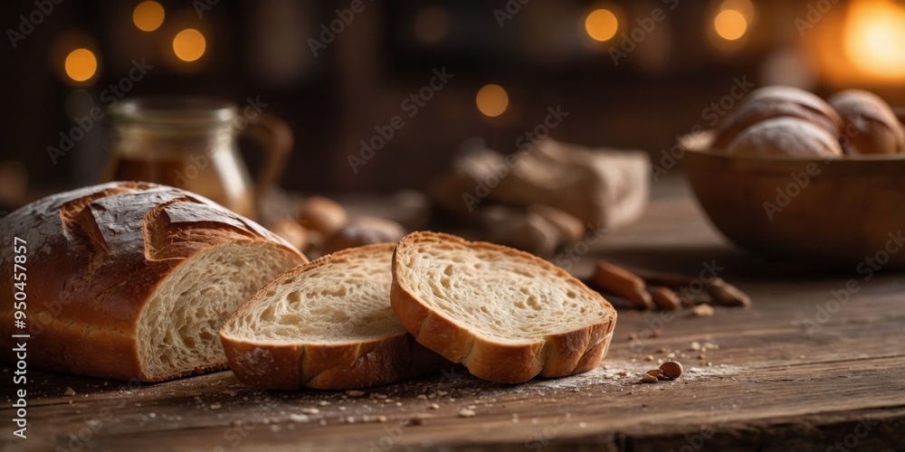 Rustic bread and baking ingredients on a wooden table. Rustic bread and baking ingredients on a wooden table.