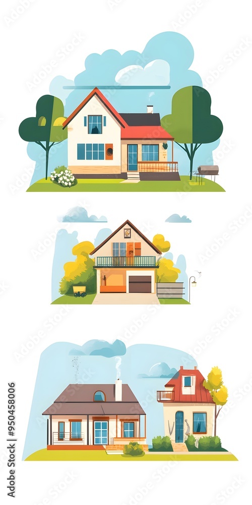 Three Houses Illustration with White Background Three Houses Illustration with White Background