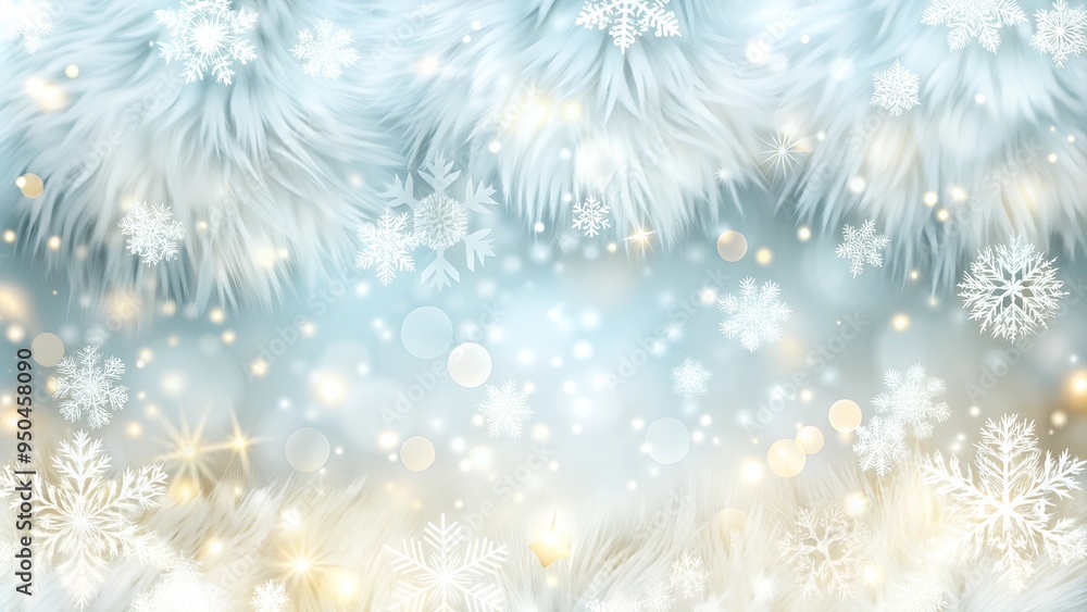 Fluffy White Fur and Snowflakes with Golden Lights on a Festive Background with Copy Space Fluffy White Fur and Snowflakes with Golden Lights on a Festive Background with Copy Space