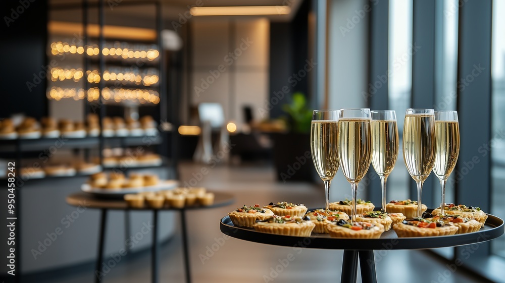 Catering setup in a modern office interior with tables featuring tartlets, snacks, canapés, and champagne. The scene highlights a sophisticated office event and elegant refreshments. Catering setup in a modern office interior with tables featuring tartlets, snacks, canapés, and champagne. The scene highlights a sophisticated office event and elegant refreshments.