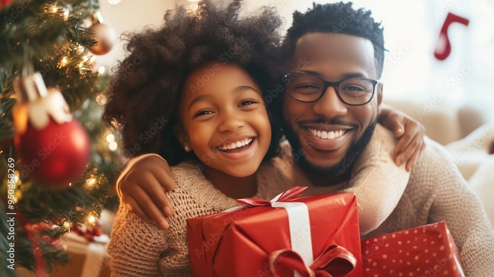 Happy father and daughter celebrating Christmas with gifts by a decorated tree in a cozy living room Happy father and daughter celebrating Christmas with gifts by a decorated tree in a cozy living room