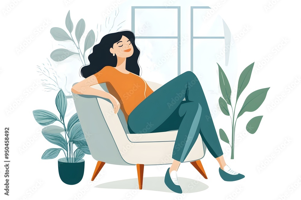 Woman Relaxing in a Chair with Plants and a Window in the Background Woman Relaxing in a Chair with Plants and a Window in the Background