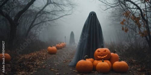 A spooky Halloween scene featuring a ghost and pumpkins. photo