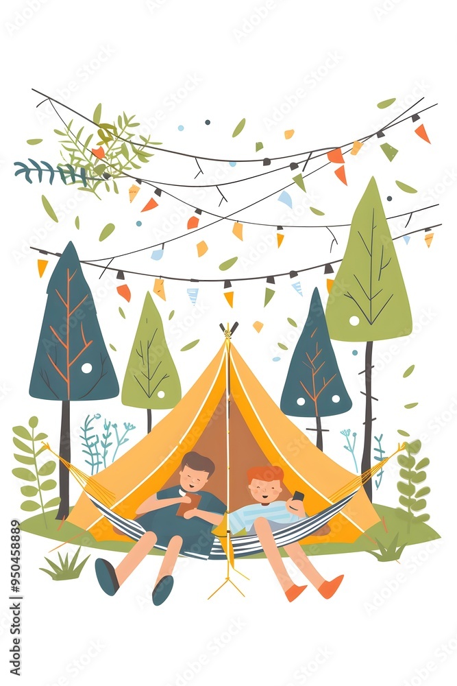 Two Boys Relaxing in a Hammock in a Campsite Two Boys Relaxing in a Hammock in a Campsite