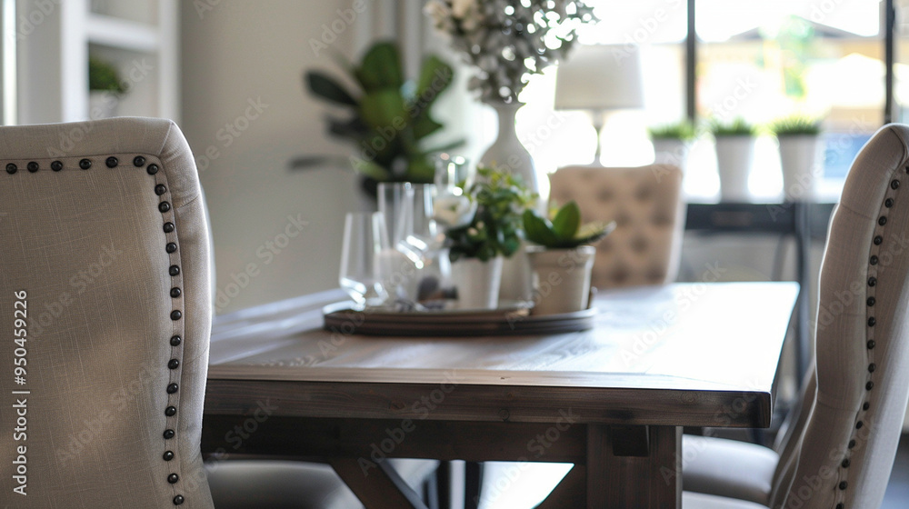 A close-up of a dining area with upholstered chairs in a soft fabric, paired with a dark wood table.