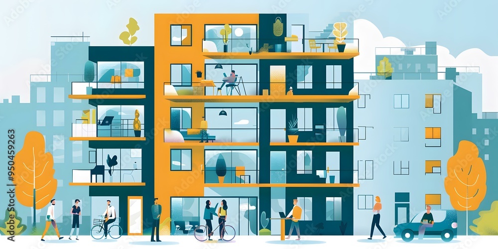 Apartment Building with People and a Car in a City Apartment Building with People and a Car in a City