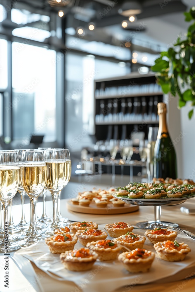 Catering setup in a modern office interior with tables featuring tartlets, snacks, canapés, and champagne. The scene highlights a sophisticated office event and elegant refreshments. Catering setup in a modern office interior with tables featuring tartlets, snacks, canapés, and champagne. The scene highlights a sophisticated office event and elegant refreshments.