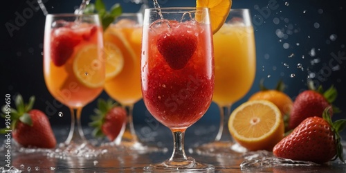 Refreshing splash of juice with strawberries and citrus fruits. photo