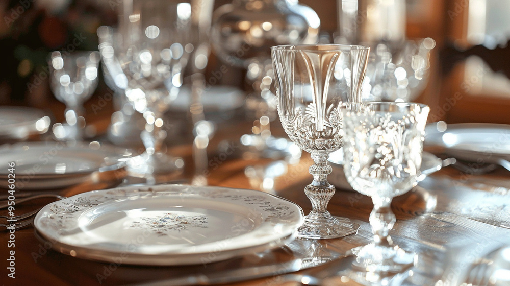 Close-up of a dining table set for a formal dinner, with crystal glasses, polished silverware, and fine china plates. Close-up of a dining table set for a formal dinner, with crystal glasses, polished silverware, and fine china plates.