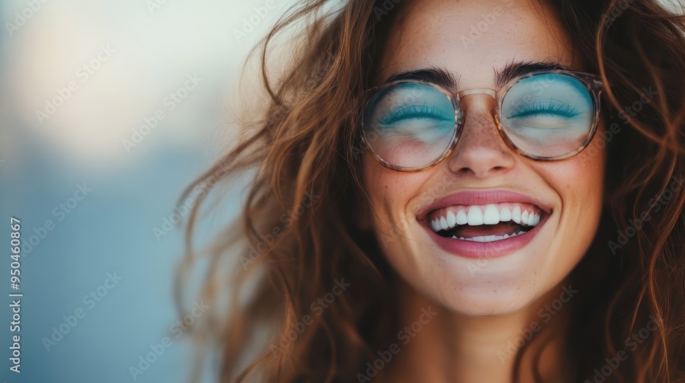 A close-up of a young woman with tousled hair and glasses laughing heartily in an outdoor setting, her radiant smile and joy creating an uplifting and carefree atmosphere. A close-up of a young woman with tousled hair and glasses laughing heartily in an outdoor setting, her radiant smile and joy creating an uplifting and carefree atmosphere.