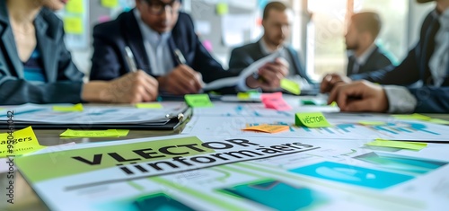 Corporate Team Brainstorming with Sticky Notes and Data Papers