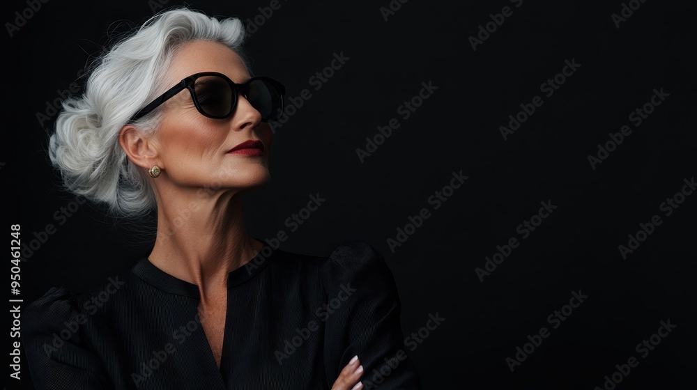 Elegantly posed, an elderly woman in black attire and sunglasses gazes confidently to the side, epitomizing timeless style, grace, and sophistication. Elegantly posed, an elderly woman in black attire and sunglasses gazes confidently to the side, epitomizing timeless style, grace, and sophistication.