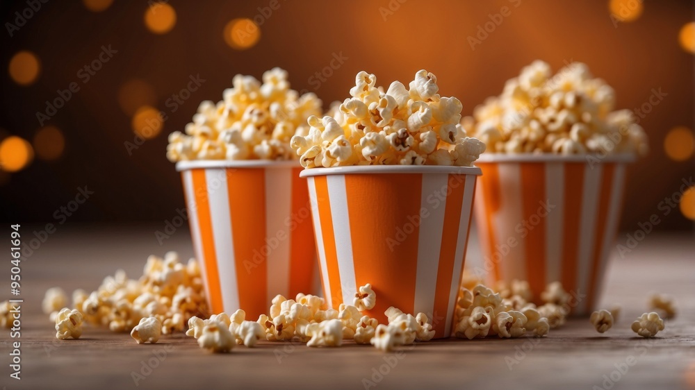 Popcorn in Striped Buckets over an Orange Background. Popcorn in Striped Buckets over an Orange Background.