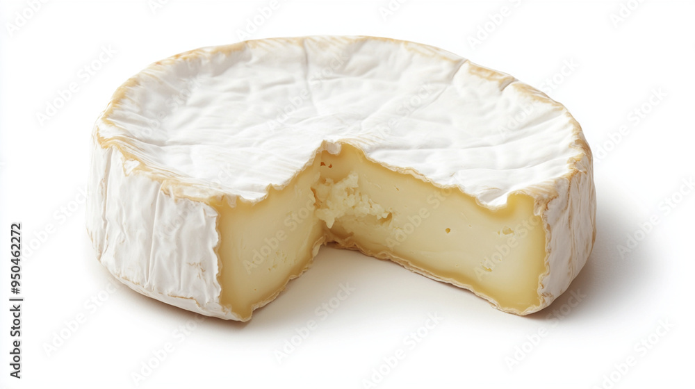 Camembert cheese with a slice cut out Camembert cheese with a slice cut out