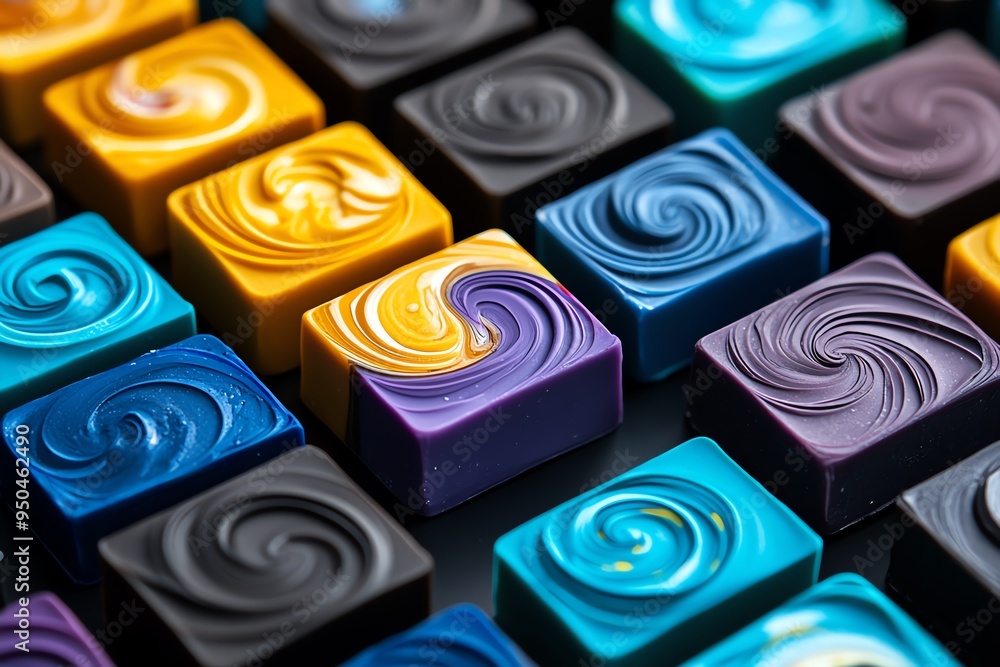 Natural soap bars with swirling colors and patterns, depicted in an ...