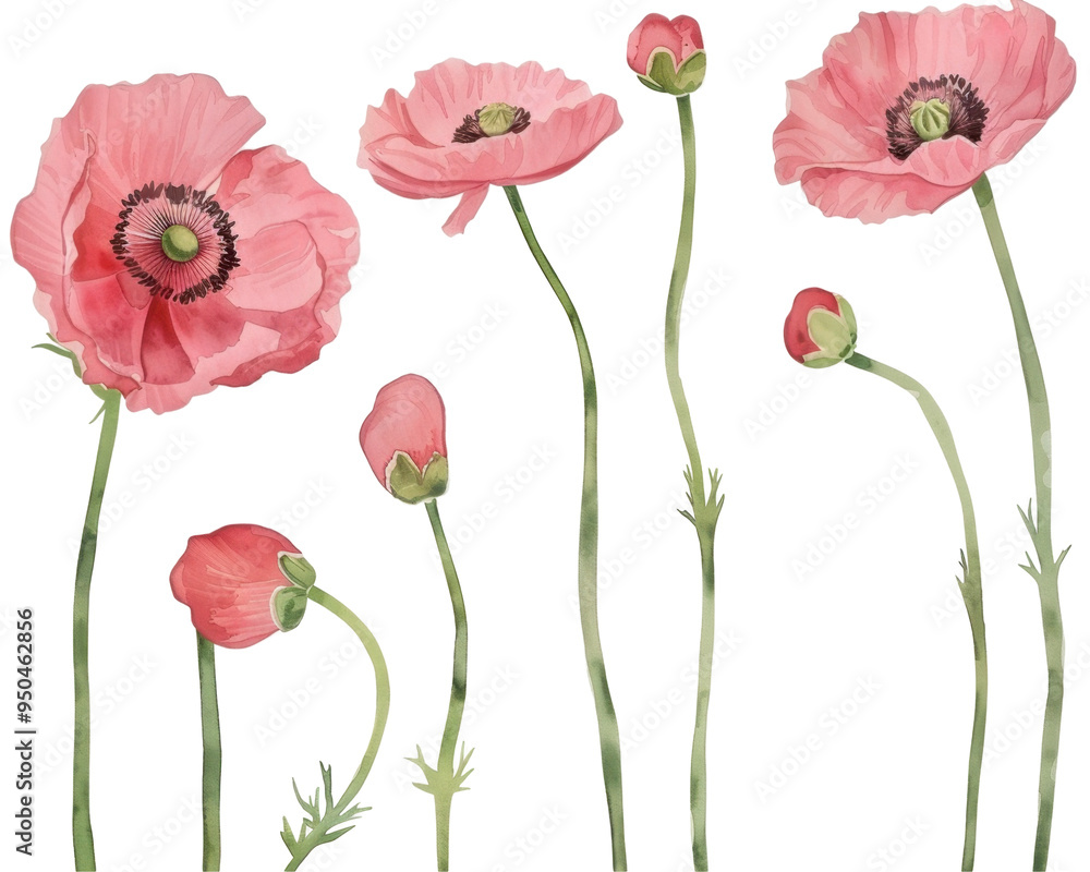Obraz premium A collection of pink poppy flowers in various stages of bloom against a transparent background.