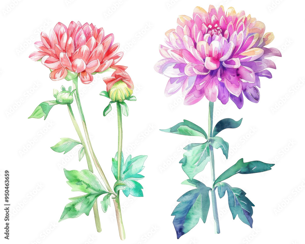 Obraz premium A watercolor illustration of two vibrant flowers with green leaves.