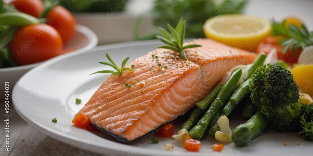 Appetizing healthy meal of salmon fillet with fresh vegetables. Appetizing healthy meal of salmon fillet with fresh vegetables.