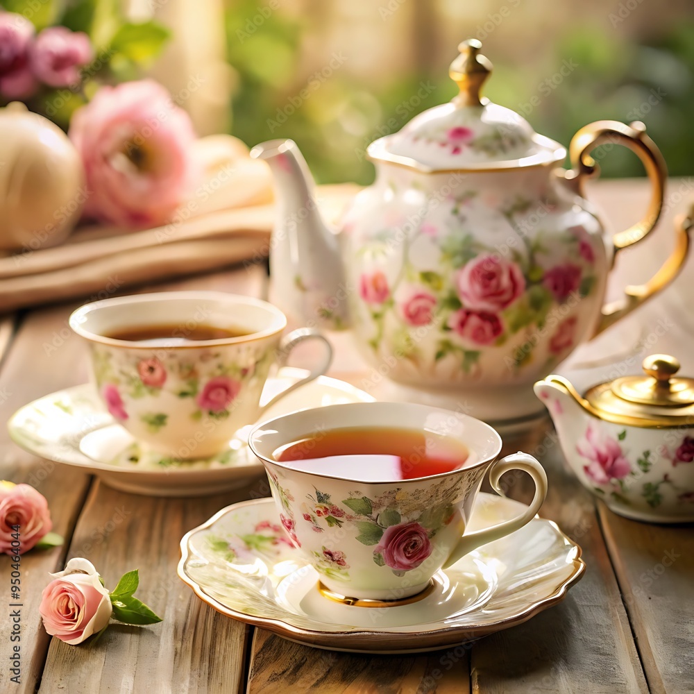Fototapeta premium A vintage tea set arranged on a lace doily with delicate floral patterns