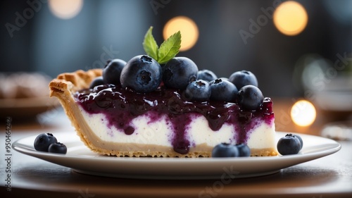 Slice of blueberry fruit pie with cream on plate. photo