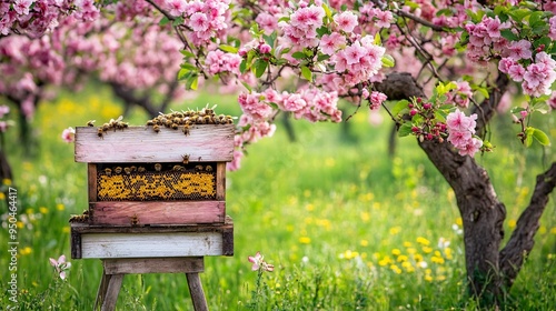 A close-up of a beehive in a sustainable orchard, where bees are pollinating the surrounding fruit trees. The hive is surrounded by flowers, and the trees are laden with fruit, showing the symbiotic