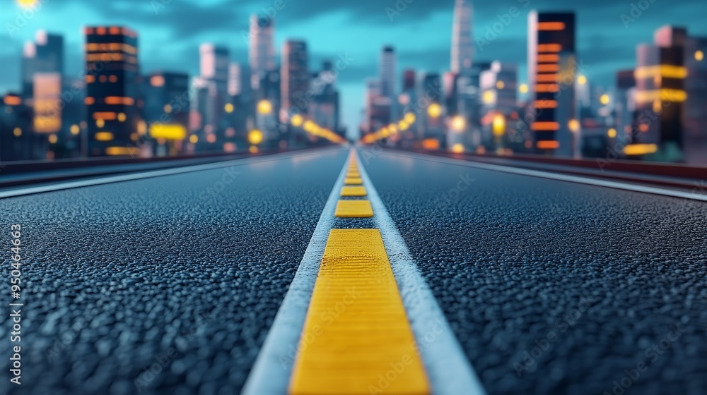 A long, empty road stretches towards a city skyline at dusk. The road is lined with yellow lines and the cityscape is lit up with lights. A long, empty road stretches towards a city skyline at dusk. The road is lined with yellow lines and the cityscape is lit up with lights.