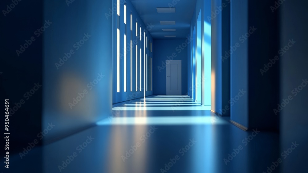 A long, blue hallway with windows and a door at the end. Sunlight streams through the windows, creating a bright spot on the floor. A long, blue hallway with windows and a door at the end. Sunlight streams through the windows, creating a bright spot on the floor.