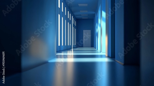 A long  blue hallway with windows and a door at the end. Sunlight streams through the windows  creating a bright spot on the floor.