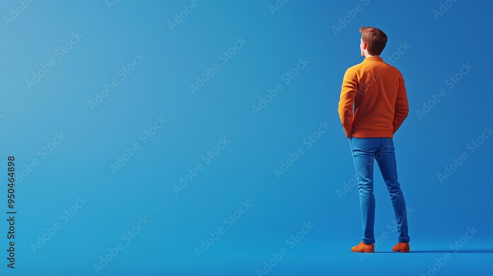 A man in an orange shirt and blue jeans stands against a blue background, looking up at the sky. He is lost in thought, contemplating the future. A man in an orange shirt and blue jeans stands against a blue background, looking up at the sky. He is lost in thought, contemplating the future.