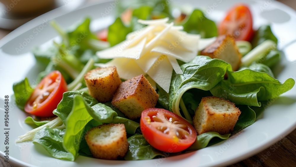 Delicious Caesar Salad with Crispy Croutons and Parmesan Shavings Delicious Caesar Salad with Crispy Croutons and Parmesan Shavings
