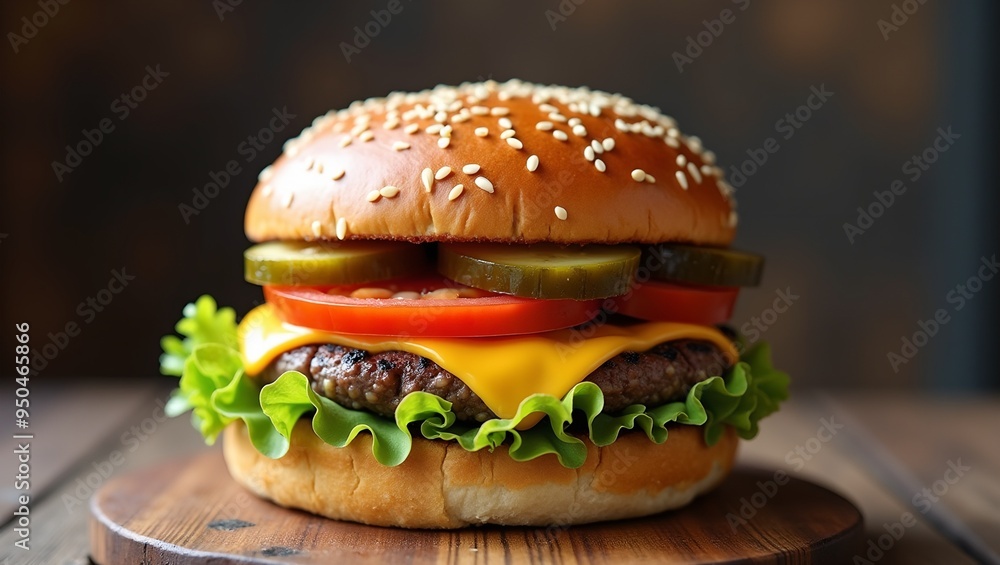 Savory Cheeseburger Delight with Fresh Toppings on Sesame Seed Bun Savory Cheeseburger Delight with Fresh Toppings on Sesame Seed Bun