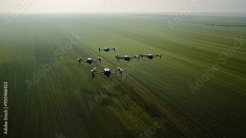 A fleet of autonomous drones flying over a vast agricultural field, each drone responsible for a different task, from watering to monitoring crop health. The field is green and orderly, with the