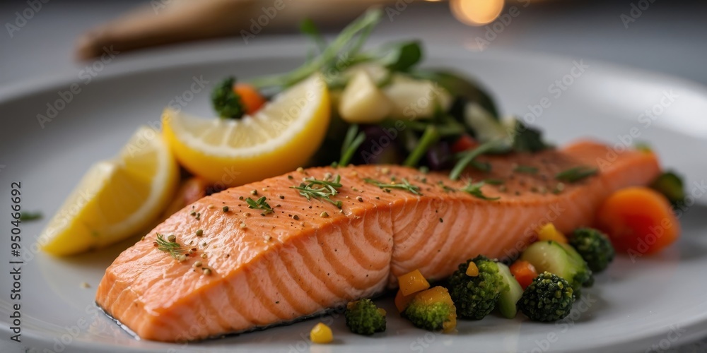 Appetizing healthy meal of salmon fillet with fresh vegetables. Appetizing healthy meal of salmon fillet with fresh vegetables.