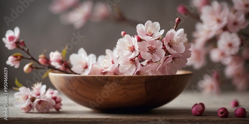 Delicate Cherry Blossoms and Petals in Wooden Bowl.