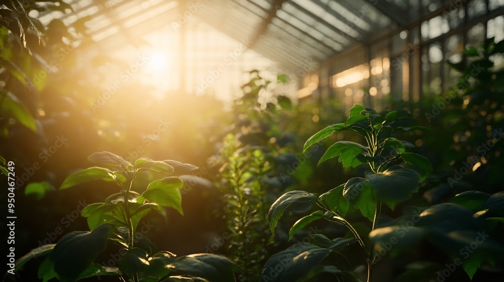 An automated greenhouse where AI-controlled systems are optimizing plant growth. Rows of plants are bathed in soft, artificial light, with the AI system adjusting environmental conditions like An automated greenhouse where AI-controlled systems are optimizing plant growth. Rows of plants are bathed in soft, artificial light, with the AI system adjusting environmental conditions like