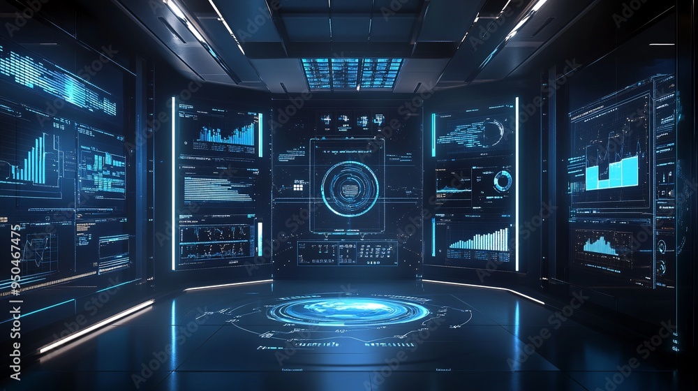 A futuristic control room where an AI system is analyzing data from various agricultural fields. Multiple screens display real-time statistics, satellite images, and predictive models. The room is A futuristic control room where an AI system is analyzing data from various agricultural fields. Multiple screens display real-time statistics, satellite images, and predictive models. The room is