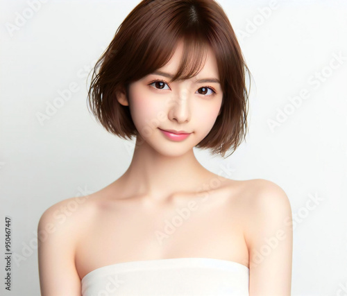 白いチューブトップの美女