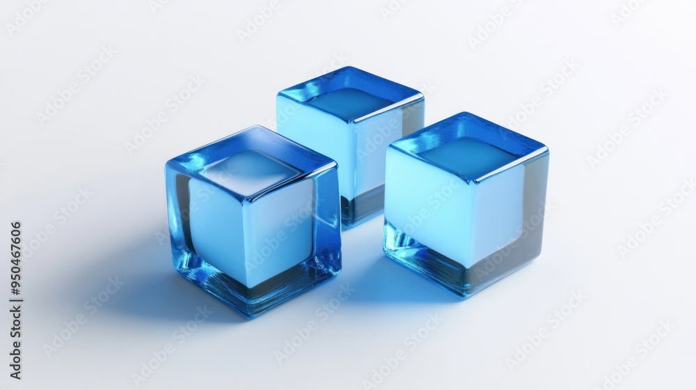 Three Blue Glass Cubes on a White Background Three Blue Glass Cubes on a White Background