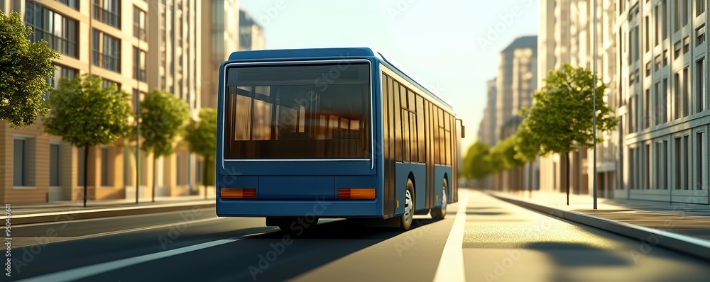 Obraz premium Blue bus driving down city street with buildings on both sides.