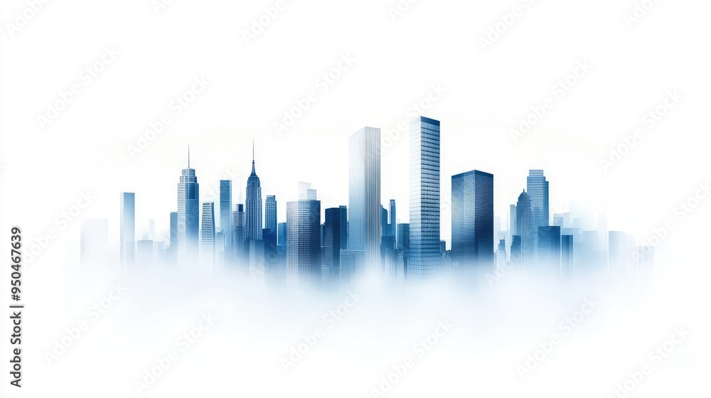 Naklejka premium A stunning silhouette of a modern city skyline enveloped in a soft blue fog, creating a serene and dreamy atmosphere.