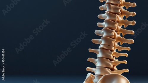 Close-up of a human spine model, showcasing the intricate structure of the vertebrae. The bones are highlighted against a dark background. photo