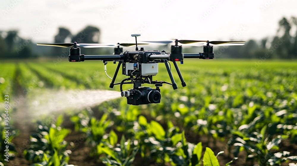 An AI-powered drone spraying nutrients over a field of crops. The drone is equipped with precision spraying technology, ensuring that each plant receives the exact amount of nutrients needed. The An AI-powered drone spraying nutrients over a field of crops. The drone is equipped with precision spraying technology, ensuring that each plant receives the exact amount of nutrients needed. The